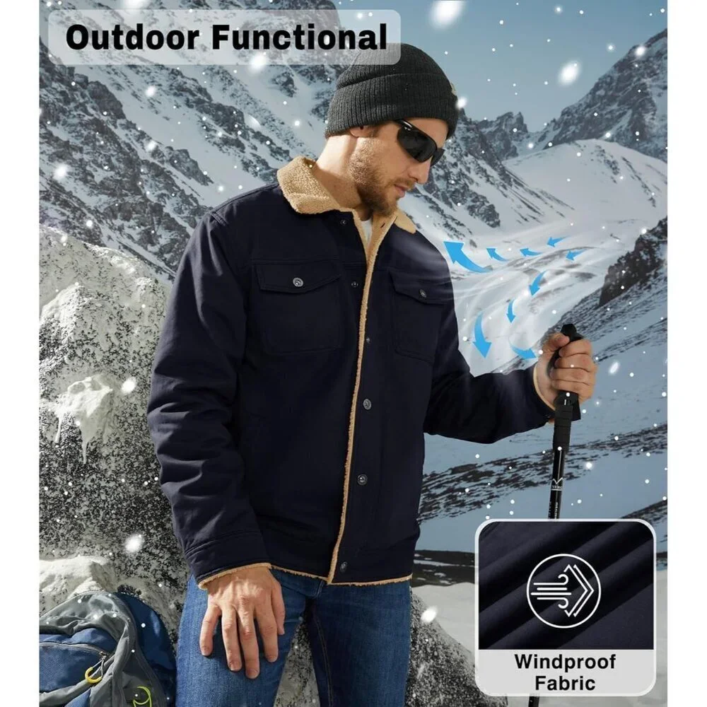 Men's Navy Winter Thick Thermal Cotton Warm Fleece Lined Coat Cargo Jackets